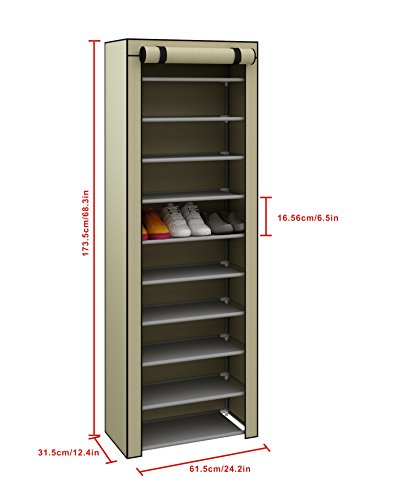 MULSH Shoe Rack shoe storage organizer 10-Tier Shoes Case Unit with Dustproof Non-woven Fabric Cover 30 pairs Shoe Tower Standing Storage Organizer in Beige,24.2”W x 12.4” D x 68.3”H - Thumbnail 2