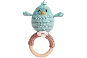 Chippi & Co Wooden Crochet Baby Rattle, Crochet Toys Stuffed Animals Easter Gifts for Kids, Wooden Newborn Toys, Easter Basket Stuffers, Basket Filler, Baby Shower Decor (Bobo The Blue Bird)