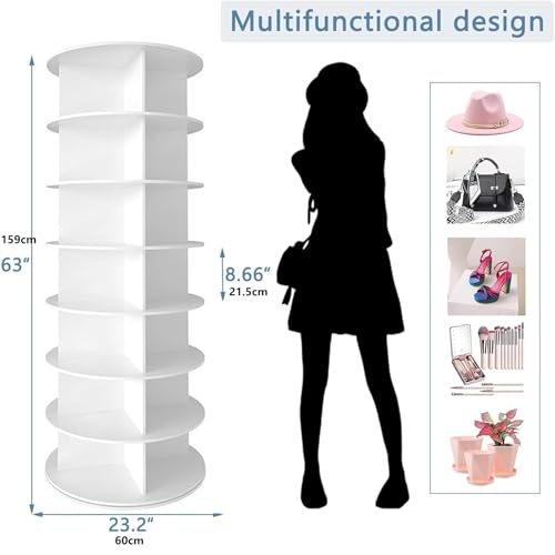 7 Tier Rotating Shoe Rack Tower, Vertical Spinning Shoes Display Rack, Shoe Storage Round Carousel, Revolving 360° Shoe Closet organizer, White 58 * 58 * 160Cm