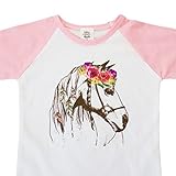 Girls Pink Raglan 3/4 Sleeve Floral Horse Boho Tee Shirt Baseball Tee Shirt for Girls