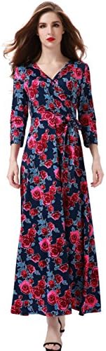 Melynnco Women's Floral Print 3/4 Sleeve Faux Wrap V Neck Maxi Dress Summer Medium Navy