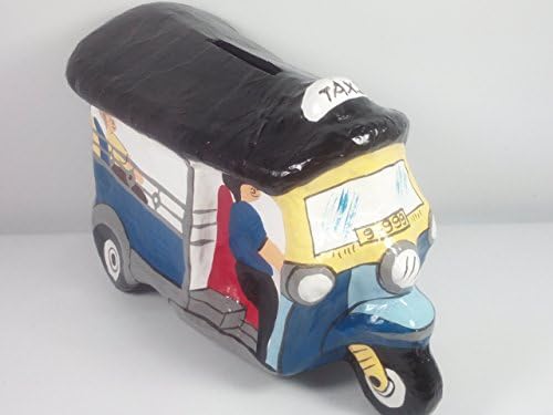 TeeNoi Tuk Tuk Taxi Piggy Bank Paper Mache Animal Figurine Miniature Handmade Home Decor Gifts Art for Kids Action Figure
