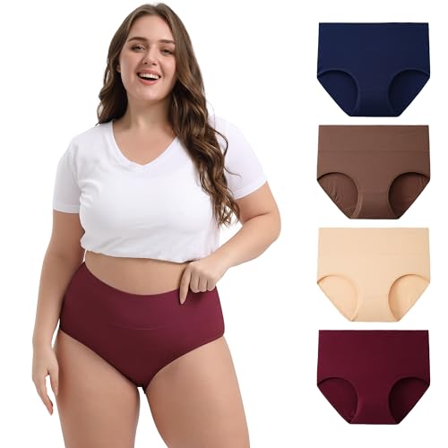Innersy Unterhosen Große Größen Damen Taillenslip Baumwolle High Waist Slip (44-62) 4 Pack (44-46, Beige/Marineblau/Dunkelrot/Braun)