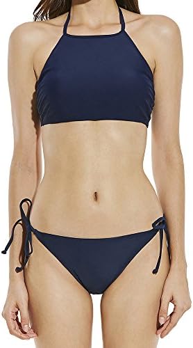Queenskini Women Bikini High Neck Halter Top Triangle TIe Side Bottom Swimsuit Swimwear Set (XL, Navy)