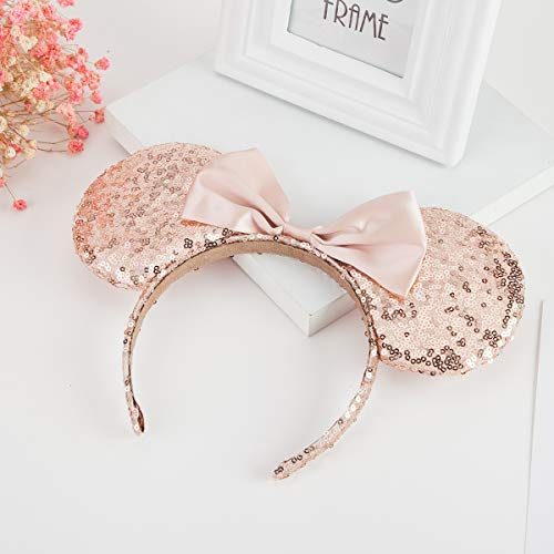 Cosplay Costume Mouse Ears Headband,Calar Sequin Mice Ears Headband Glitter Bow Headband for Boys and Girls Birthday Party Mom Baby Hairs Accessories Girl Headwear (Champagne)