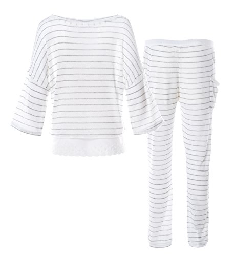 Matt-Viggo-Damen-Zweiteiliger-Leichter-Schlafanzug-Kurzarm-Gestreift-Rundausschnitt-Spitze-Hausanzug-Pyjama-Nachtwsche-Langarm-34-Lang-rmel-Top-und-Hose
