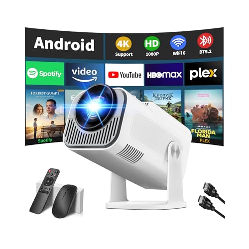 [Integrated App & 2026 Upgraded] 1080P 4K Projector with WiFi 6 Bluetooth 5.2 Mini Portable Projector Supports 270° Rotatable Car Keystone Projector TV Stick/USB/HDMI/PC with HDMI Cable & Mouse,White