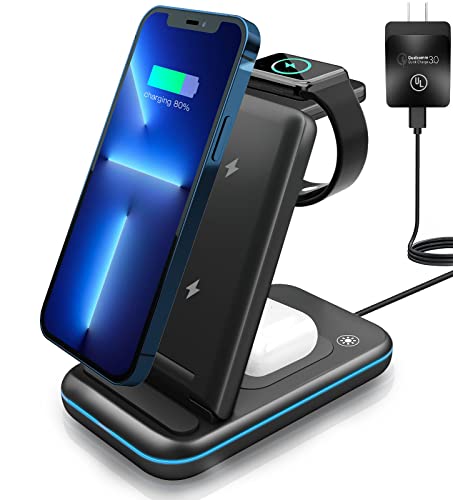 Wireless Charging Station, MSTJRY 3 in 1 Wireless Fast Charger Stand for iPhone 14/13/12/11/Pro/Max/XS/XR/X/8/Plus, for Apple Watch Ultra 8/7/6/5/4/3/2/SE, for AirPods 3/2/Pro(Adapter Included)