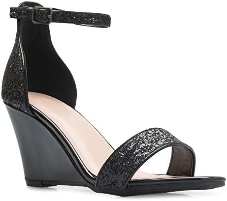 Womens Ankle Strap Wedge Heel Sandals - Adorable Glitter Open Toe - Casual, Classic, Comportable