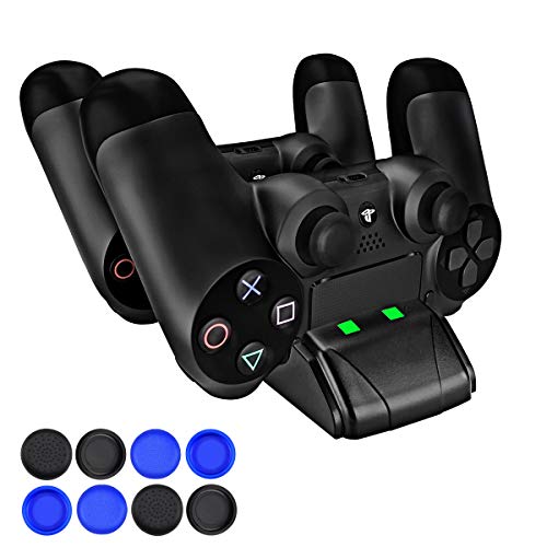 PECHAM DualShock 4 Charging Station - PS4/PS4 Slim Controller Charger Dock - Modern Design & LED Indicator - USB Cable & 8 Thumb Grips