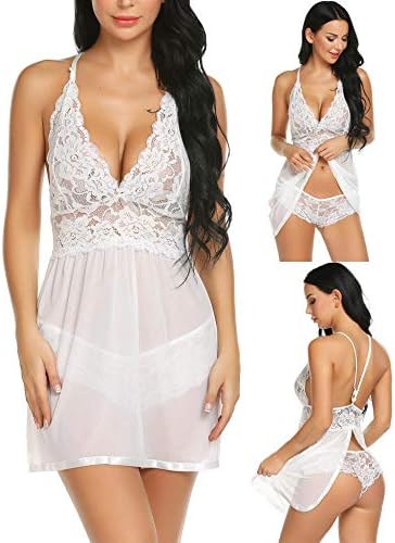 TLGAVQUEEN Women's V-Neck Lace Up Lingerie Babydoll Mesh Chemise Bodysuit Sleepwear