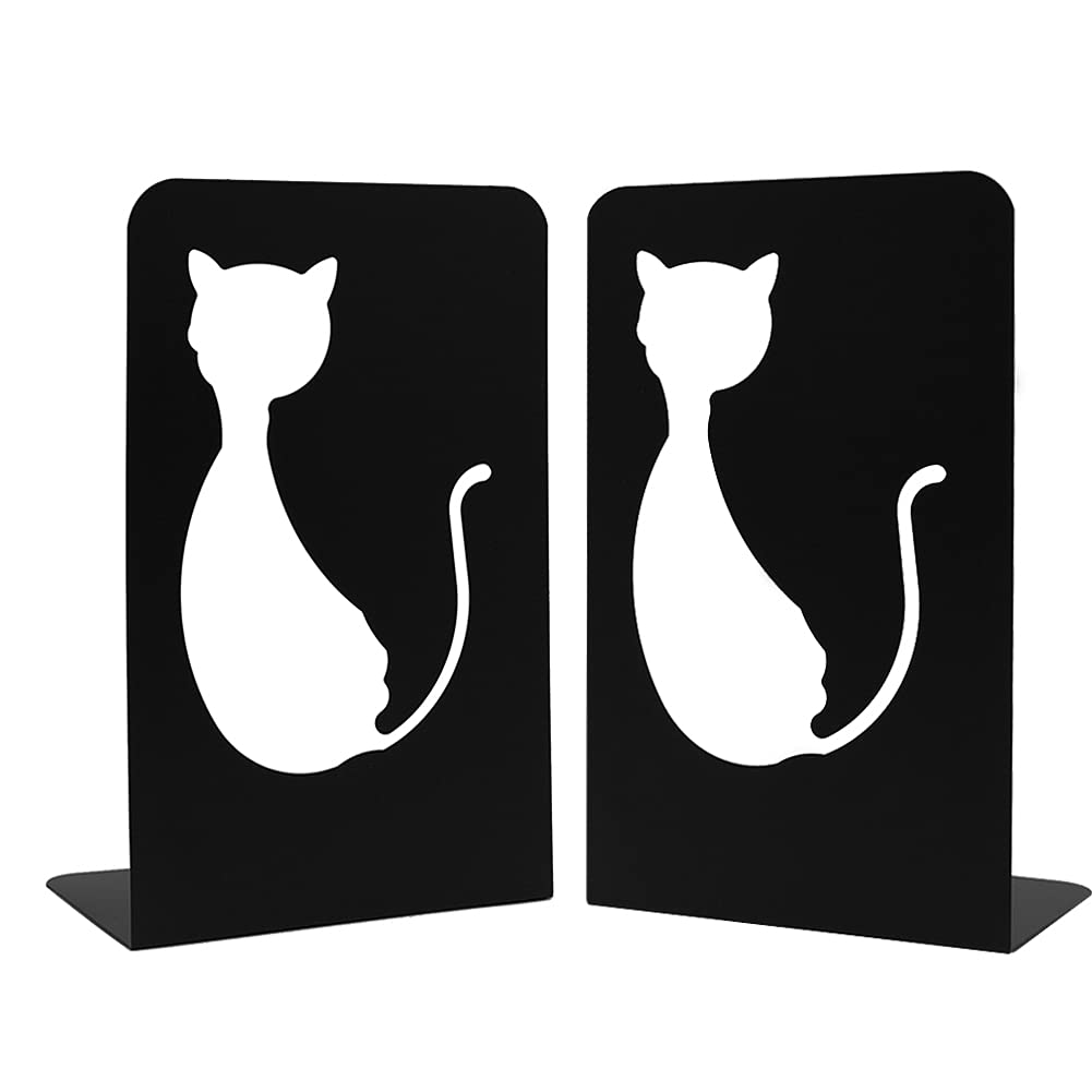A Pair of Cute Cartoon Cat Nonskid Metal Book Ends Bookends Book Organizer Holder for Home Office Study Decor (Black)