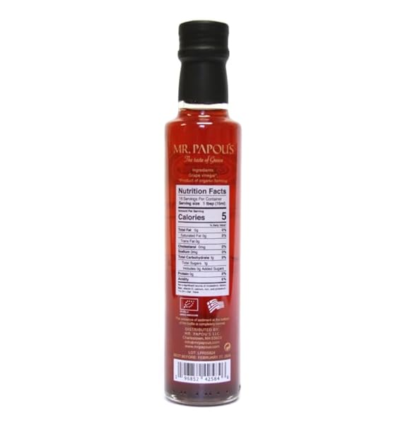 MR. PAPOU’S | ORGANIC RED WINE VINEGAR | FIRST COLD PRESSED | FAMILY OWNED | HARVESTED IN GREECE | 250 ML