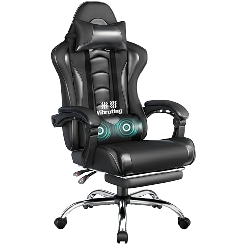 Yaheetech Ergonomic Massage Reclining Gaming Chair with Footrest, Headrest and Lumbar Support Faux Leather Padded Armrests, Gamer Desk Chair with Swivel Casters, Black
