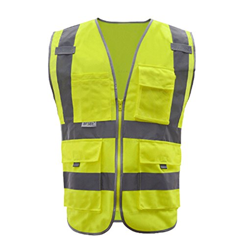 GOGO 8 Pockets High Visibility Zipper Front Safety Vest With Reflective Strips-Yellow-XXL