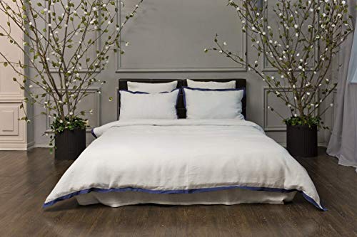 image for LinenArt Eclectic Off-White Linen Duvet Cover – with Blue Flanges an