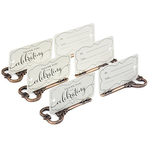 Aokbean 50pcs Multi Function Vintage Skeleton Key Bottle Opener Place Card Holders for Weddings Table Name Cards for Guest Souvenir French Ribbon (Antique Copper)