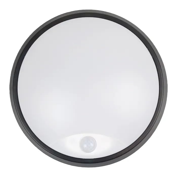 Bright Source Outdoor LED Circle Bulkhead, Black, IP44, 10W, 1000lm, Black, PIR Motion Sensor, Adjustable Light Colour 3000K 4000K 6000K