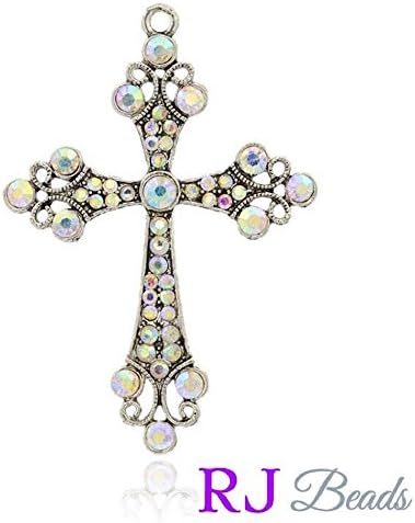 RJ BEADS 2 Large Silver Rhinestone Crystal Iridescent Sparkling Wedding Bridal Rosary Cross Pendant Charm