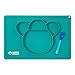 Silicone Placemat + Baby Spoon By Happy Monkey - One-Piece Food Mat With Plate & Bowl for Kids & Toddler - 4 Sections - Non Slip Tray, Secure Suction (Blue)