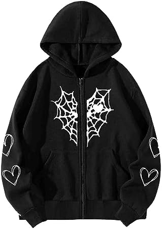 Oversized Y2K Zip Up Hoodie for Women Men Gothic Spider Web Heart