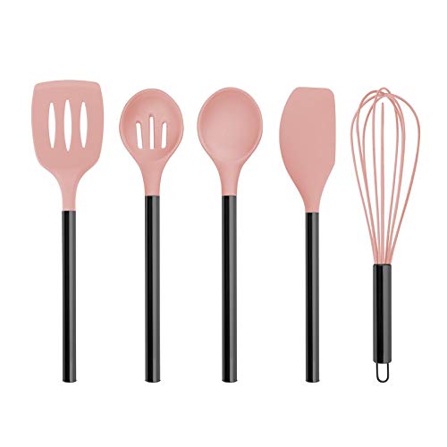 Country Kitchen 5 Pc Non Stick Pink Silicone Utensil Set With Rounded Gun Metal Stainless Steel Handles For Cooking And Baking