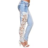 Towallmark Lace Floral Skinny Spliced Hollow out Hole Straight Jeans