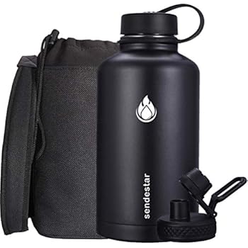 Sendestar Stainless Steel Water Bottle-24oz, 40oz or 64oz with New Straw Lid and Spout Lid, Keeps Liquids Hot or Cold with Double Wall Vacuum Insulated Sweat Proof Sport Design (64 oz-Black)