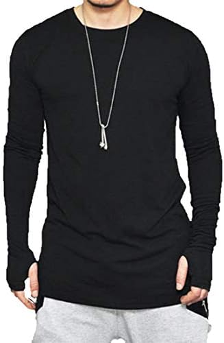 Macondoo Men's High Low Solid Color Long Sleeve Thumb Hole Tops Round Neck T Shirts