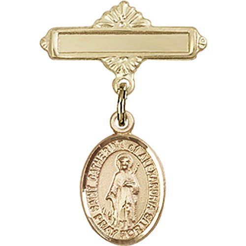 14kt Yellow Gold Baby Badge with St. Catherine of Alexandria Charm and Polished Badge Pin 1 X 5/8 inches