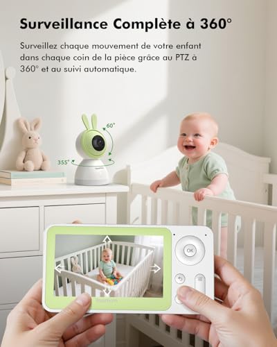 YESIMOM 1080P Baby Monitor 360° PTZ Baby Phone with Video and Audio Camera APP, Infrared Night Vision, 4X Zoom, Motion Detection/Sound Auto Tracking, Zone Alarms