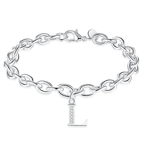WIBERN Jewelry Silver Tone Zircon Stone 26 Letters Alphabet Initial Charm Bracelet for Sister Mother Friends Women