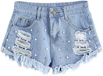 WDIRA Women's Causal Faux Pearl Beading Raw Hem Ripped Denim Loose Shorts Blue L