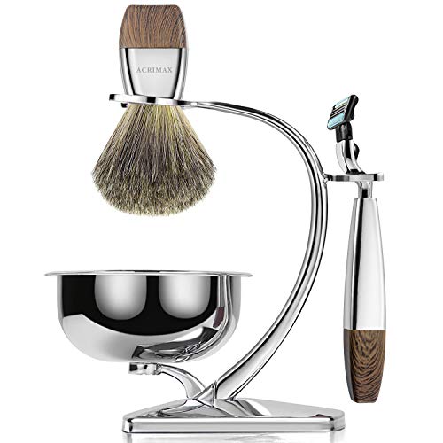 ACRIMAX Premium Shaving Brush Set with 100% Pure Badger Shaving Brush, Luxury Brush Stand, Soap Bowl and Manual Safety Razor(mach3) Kits for Gentleman - Thumbnail 7