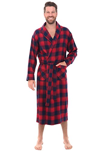 Alexander Del Rossa Mens Flannel Robe, Soft Cotton Bathrobe, Small Red and Navy Plaid (A0707Q34SM)