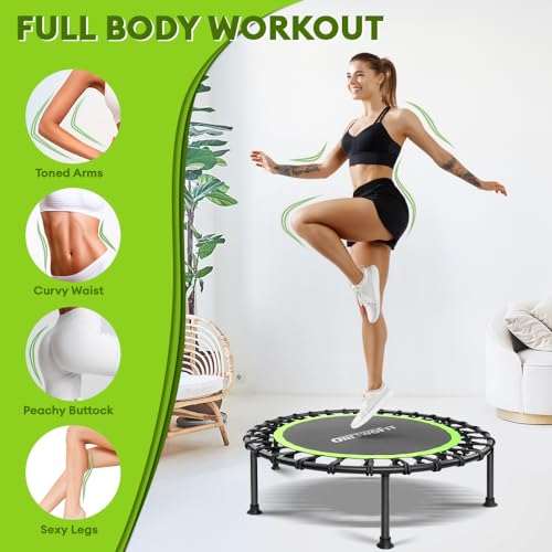ONETWOFIT 107/114cm Trampolín de Rebote para Adultos, Mini trampolín silencioso para Ejercicio en Interiores al Aire Libre, trampolín de Fitness con Rebote Bungee Verde