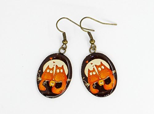 E54 Be my Valentine Unique Fashion Cute Lovely Red Cats under moon Black Night Oval Brass Earrings Handmade Valentine's Day Gift for Women Exlusive Photo Print Epoxy Pattern design casual jewelry