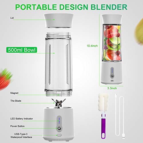 chalvh Portable Blender, 16.9 Oz Personal Blender for Shakes, Smoothie and Fruit Juice, Mini Personal Size Mixer with USB Rechargeable 6 Stainless Steel Blades, BPA Free 500ml Cup for travel-White