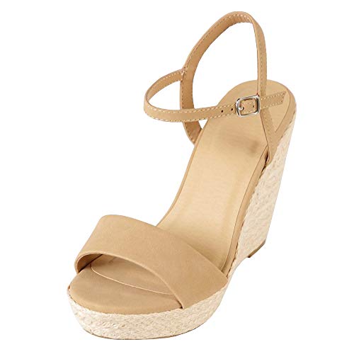 PiePieBuy Womens Wedges Espadrille Ankle Strap Open Toe Heeled Sandals Khaki - Thumbnail 7