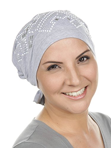 Turban Plus Abbey Cap Womens Chemo Hat Rhinestone Heather Gray With Metal Rhinestud Aztec Pattern