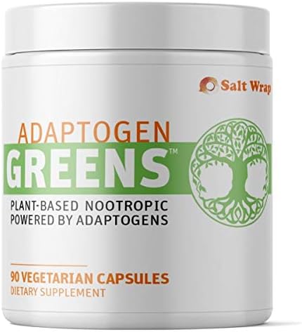 SaltWrap Adaptogen Greens Caffeine Free Nootropic Pills for Stress, Natural Energy, & Mood Boost – Best Natural Stimulant Free Brain Supplement for Focus, Anxiety, Adrenal & Cortisol – 45 SRV, 90 Cap