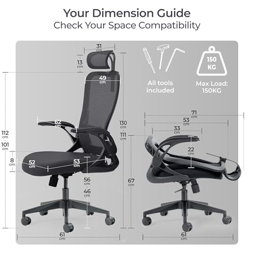 Tervo Model U | Folding Office Chair for Small Spaces | Ergonomic Design with High Rebound Mesh | Computer Desk Chair for Gaming | For Adults & Kids | Foldable & Compact with Flip Up Arms