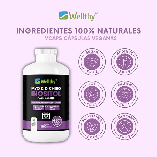 Wellthy Myo & D-Chiro Inositol 480 Cápsulas. Mezcla Óptima 40:1, 2400mg Myo Inositol y 60mg D-Chiro Inositol, Ingredientes 100% Naturales, 4 Meses de Consumo, Gluten Free, Sugar Free, Vegan.