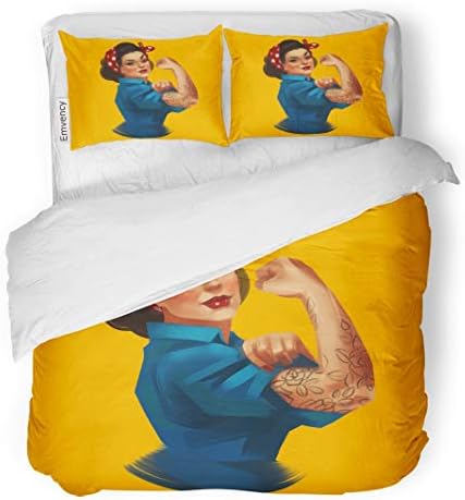 Tarolo Bedding Duvet Cover Set We Can Do It Iconic Woman Fist Symbol of Female Power and Industry Modern Inspired by Classic American 3 Piece Twin 68"x90" Quilt Cover with Zipper Closure