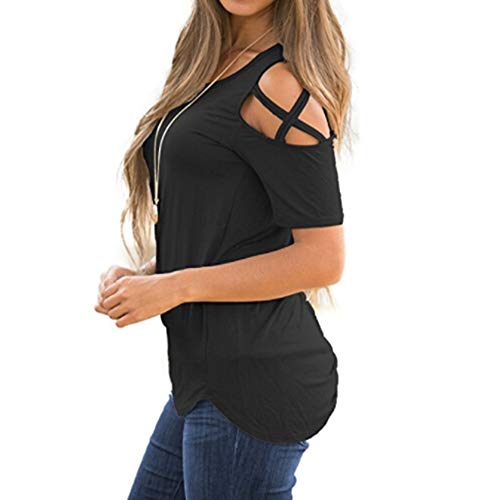 Women's Solid Color Off-Shoulder Short Sleeve Top Summer T-Shirt Top Blouse Black