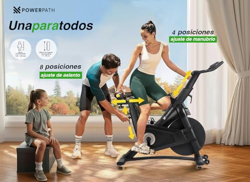 PowerPath - Bicicleta Estática para Spinning/Ejercicio en Casa, Disco de 13 kg, Bluetooth para APPs, Magnética, Robusta, Silenciosa con Monitor Electrónico, RPM - Bici Fija para Gym en Casa, Color Negro, Ajustable, 150 kg