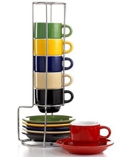 Stoneware Ceramic Espresso Cups Set - 13 Pc Colorful Stacking Espresso Cup and Saucer Set w/Rack - Thumbnail 3
