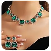 Missgrace Vintage Boho Bridal Wedding Silver Black Green Rhinestones Choker Necklaces Earrings Sets for Women and Brides