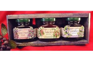 TASTE THE WILDERNESS Jam & Jelly 3 different 5oz Jar Handcrafted Gift Crate, this Set is from Huckleberry Haven and features Chokecherry Jelly, Huckleberry Jam and Rasy-Huck Jam