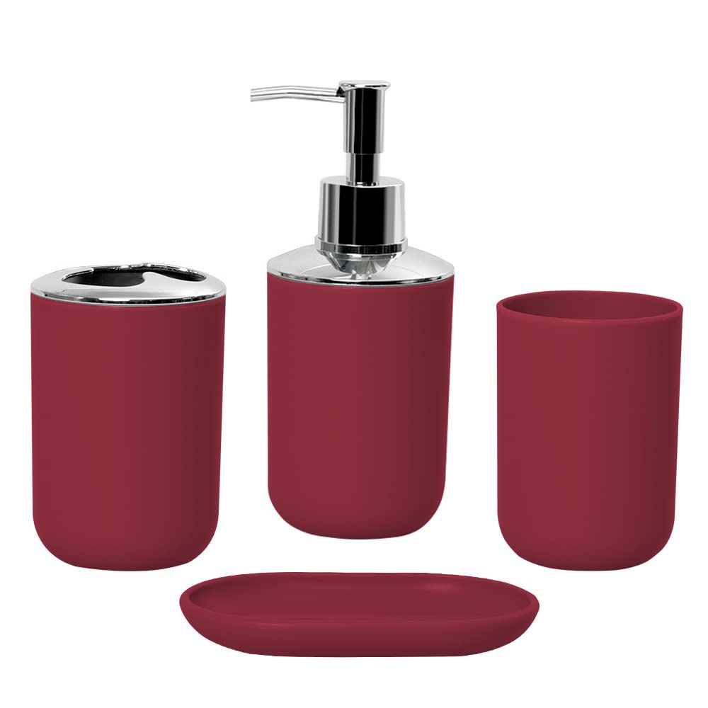 Hosoncovy 4 Pieces Bathroom Accessory Set with Soap Dispenser, Bathroom Cup, Soap Dish ，Toothbrush and Toothpaste Holder (Red)